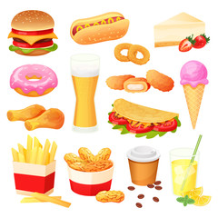 Fast food isolated set, snack menu collection, hamburger and sweets, vector illustration. Street food icons, unhealthy meal offer in American cafe eatery. French fries, hot dog, cheesecake and coffee