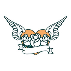 tattoo style icon of a flying heart with flowers and banner