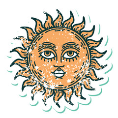 distressed sticker tattoo style icon of a sun with face