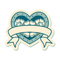 tattoo style sticker of a heart and banner with flowers