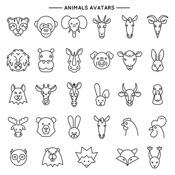 Animal heads in thin line style icons set.