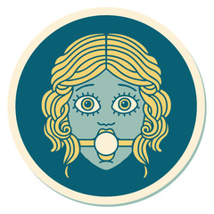tattoo style sticker of female face with ball gag
