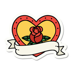 tattoo style sticker of a heart rose and banner