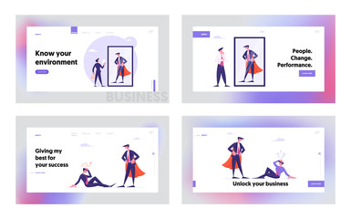 Obraz na płótnie Canvas Dream, Career Success Aspiration Website Landing Page Set. Manager Dreaming to Be Powerful Super Hero, Best Employee Financial Goal Achievement Path Web Page Banner. Cartoon Flat Vector Illustration