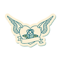 tattoo style sticker of a flying heart with flowers and banner
