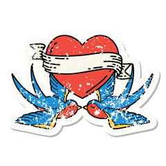 traditional distressed sticker tattoo of a swallows and a heart with banner