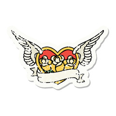 traditional distressed sticker tattoo of a flying heart with flowers and banner