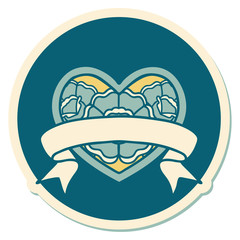 tattoo style sticker of a heart and banner with flowers