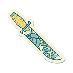 distressed sticker tattoo style icon of a dagger and flowers