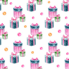 Watercolor hand painted seamless pattern of gift boxes and bows.