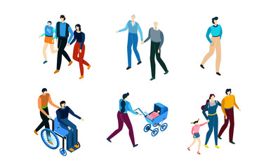 Plakat People walking, isometric cartoon characters, set isolated on white, vector illustration. Family parents and children, mother and baby, senior couple, disabled man wheelchair. Social diversity