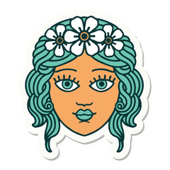 tattoo style sticker of female face with crown of flowers