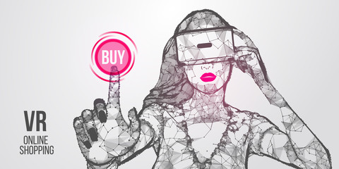 VR online shopping. Polygonal woman, girl wearing virtual reality glasses, helmet. VR headset holographic low poly wireframe vector banner. A woman buys a goods and product in one click. Vector