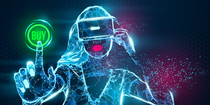 VR online shopping. Polygonal woman, girl wearing virtual reality glasses, helmet. VR headset holographic low poly wireframe vector banner. A woman buys a goods and product in one click. Neon vector