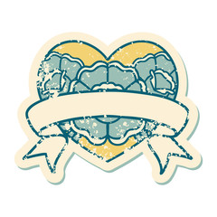 distressed sticker tattoo style icon of a heart and banner with flowers