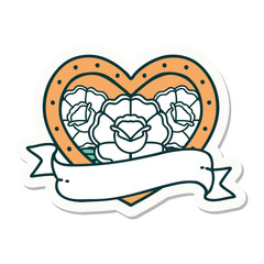 tattoo style sticker of a heart and banner with flowers