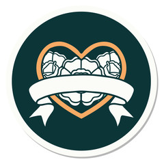 tattoo style sticker of a heart and banner with flowers