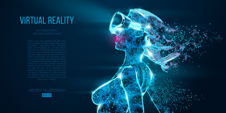 VR online shopping. Polygonal woman, girl wearing virtual reality glasses, helmet. VR headset holographic low poly wireframe vector banner. A woman buys a goods and product in one click. Neon vector