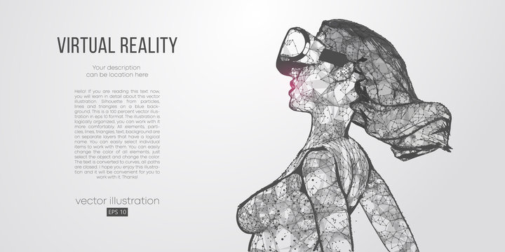 VR online shopping. Polygonal woman, girl wearing virtual reality glasses, helmet. VR headset holographic low poly wireframe vector banner. A woman buys a goods and product in one click. Vector