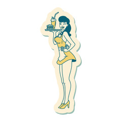 tattoo style sticker of a pinup waitress girl