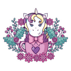 head of cute unicorn fantasy in cup with flowers decoration vector illustration design