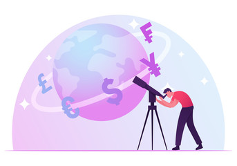 Businessman Learn Worldwide Economics and Exchange Rate. Man Looking in Telescope on Earth Globe with Different Currency Symbols Euro Yen Pound Dollar, Trading. Cartoon Flat Vector Illustration