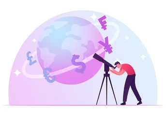 Foto op Canvas Businessman Learn Worldwide Economics and Exchange Rate. Man Looking in Telescope on Earth Globe with Different Currency Symbols Euro Yen Pound Dollar, Trading. Cartoon Flat Vector Illustration © Pavlo Syvak