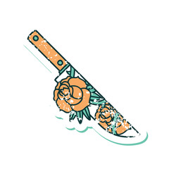 distressed sticker tattoo style icon of a dagger and flowers