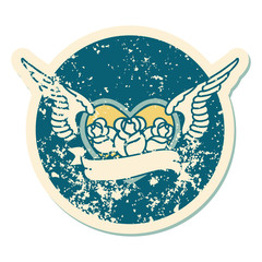 distressed sticker tattoo style icon of a flying heart with flowers and banner