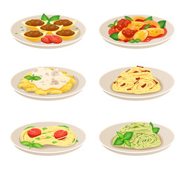 Pasta dish Italian cuisine, spaghetti restaurant menu, isolated set on white, vector illustration. Traditional European food, Italian dish pasta with pesto sauce, fresh basil and tomato. Tasty lunch