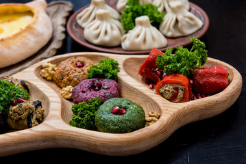 Georgian cuisine food set. Georgian restaurant. Restaurant background.