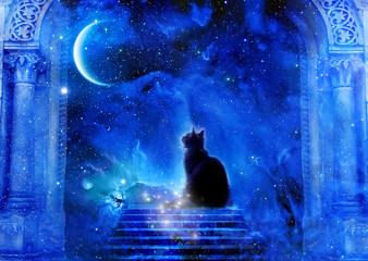 cat sitting on mystical stairs looking at mystic universe and planet with stars between pillars...