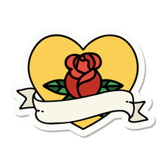 tattoo style sticker of a heart rose and banner