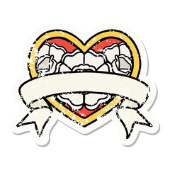 traditional distressed sticker tattoo of a heart and banner with flowers