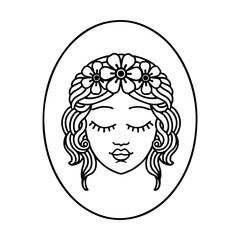 black line tattoo of a maiden with eyes closed