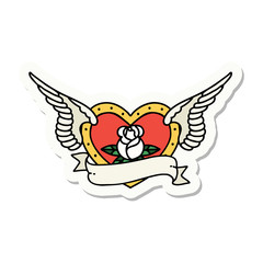 tattoo style sticker of a flying heart with flowers and banner