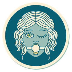 tattoo style sticker of winking female face with ball gag
