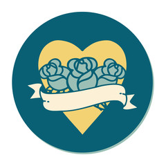 Fototapeta premium tattoo style sticker of a heart and banner with flowers