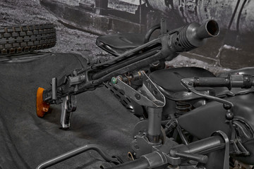 The German machine gun of the Second World War. A gun on a motorcycle. The weapons of the Reich soldiers.