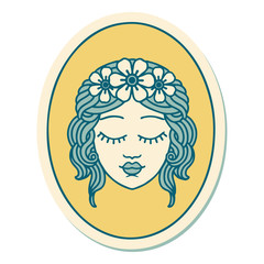 tattoo style sticker of a maiden with eyes closed