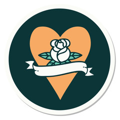 tattoo style sticker of a heart rose and banner