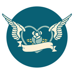tattoo style icon of a flying heart with flowers and banner