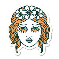 tattoo style sticker of female face with crown of flowers