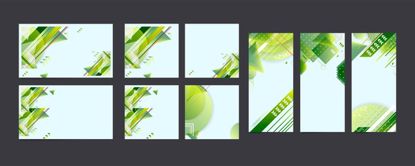 Green abstract set summer background universal art header template. Collage made with scribbles canyon strokes