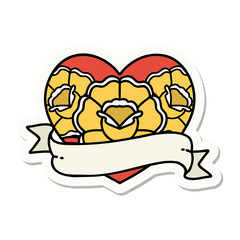 tattoo style sticker of a heart and banner with flowers