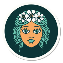 tattoo style sticker of female face with crown of flowers