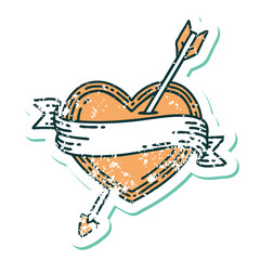 distressed sticker tattoo style icon of an arrow heart and banner