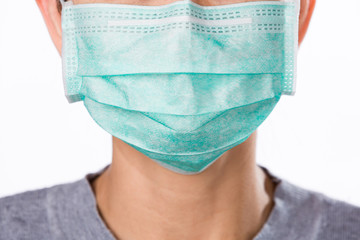 Close up woman wearing surgical mask on white backgeound