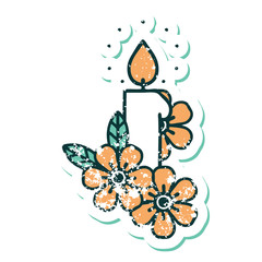 distressed sticker tattoo style icon of a candle and flowers