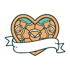 tattoo style icon of a heart and banner with flowers